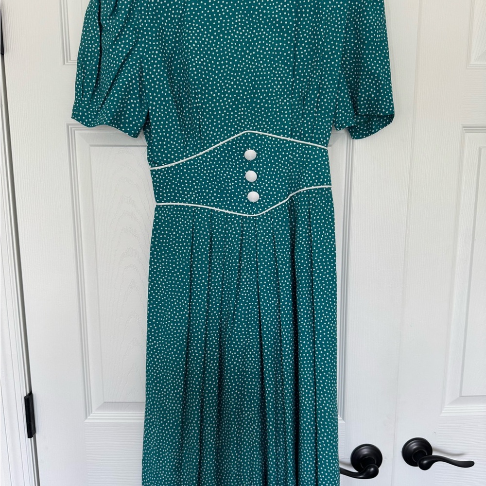 Vintage A Line Teal Polka Dot Midi Dress